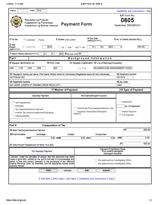 BIR Annual Registration Fee payment (BIR Form 0605)